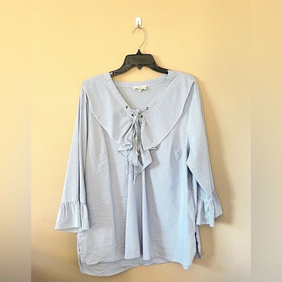 grand & greene Tops - Grand & Greene Striped Lace Up Ruffle Top